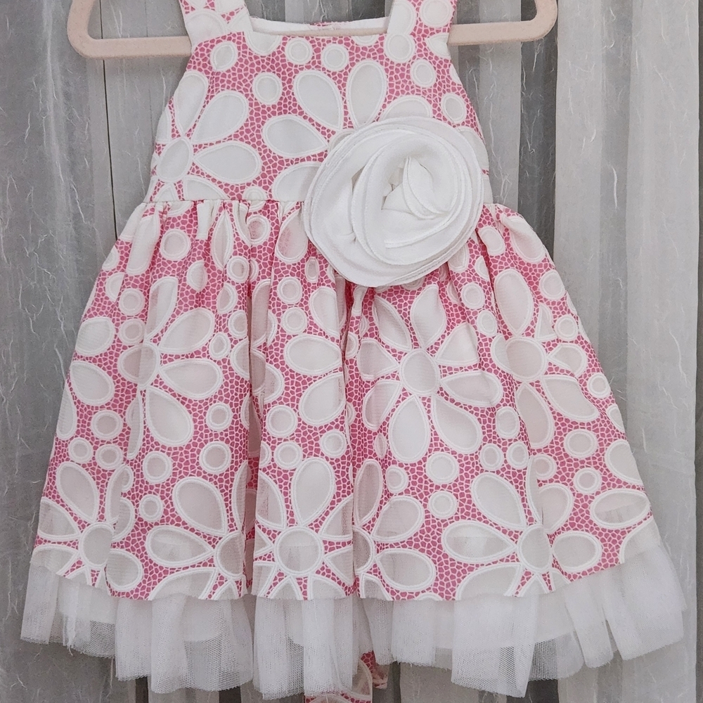 Pippa&Julie Pink/White Floral Dress w/ Tulle & Stately Bow,S-12m, NWOT